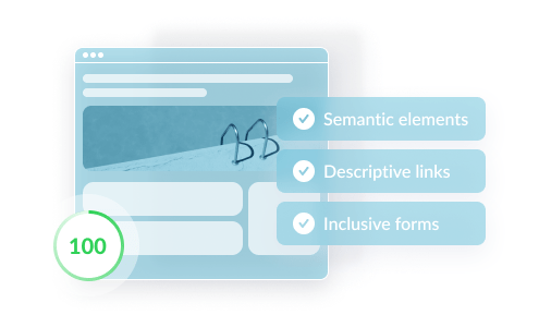 Some aspects of online accessibility are highlighted as checkmarks: semantic elements, descriptive links, and inclusive forms
